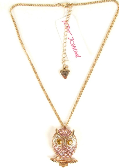 Betsey Johnson Pave` Owl Necklace Pink Gold Tone - Picture 2 of 8
